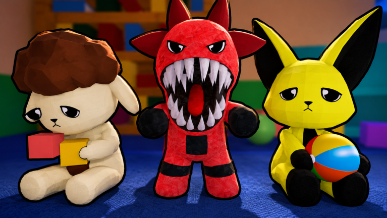 Official Animal Daycare key art: three plush-like creatures in a daycare playroom — a sad white lamb holding a block, a red horned monster baring its teeth, and a yellow rabbit hugging a beach ball
